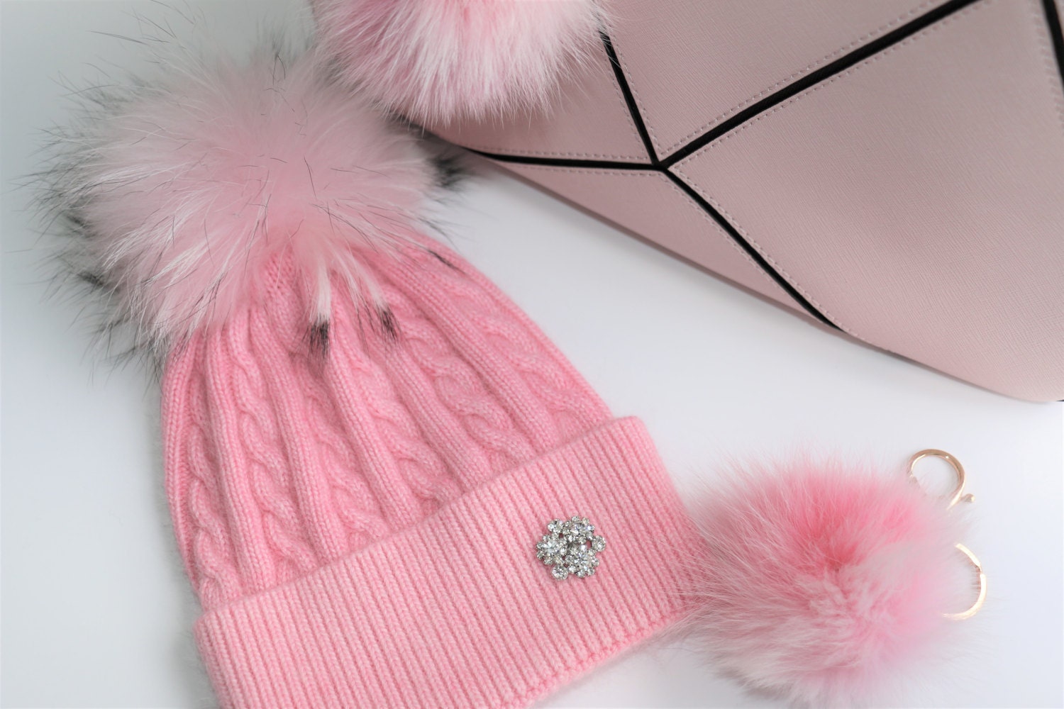 Hot Pink Cashmere Beanie with Matching Pink Raccoon Pom Pom