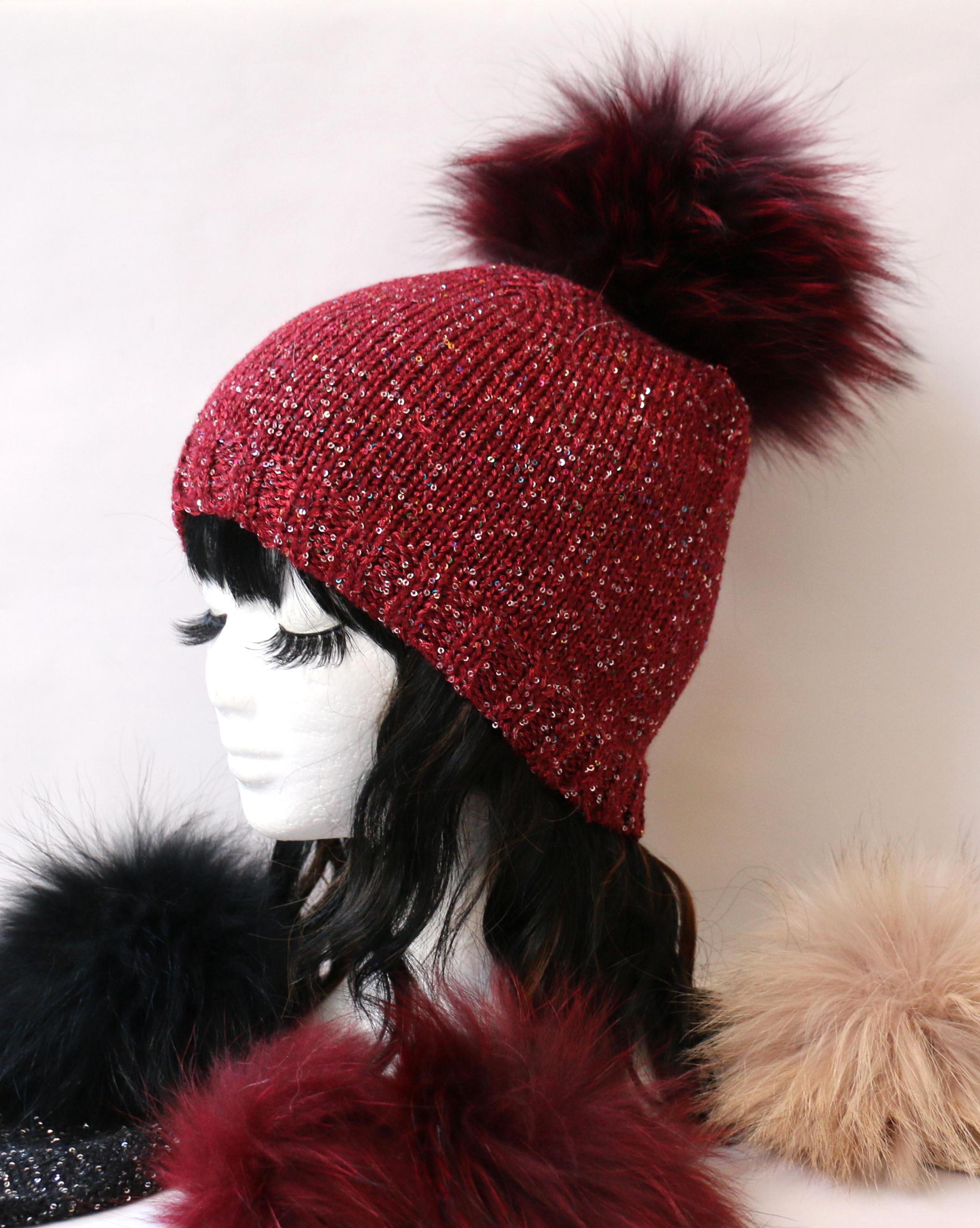 Sequin Hat, Embellished Beanie With Detachable Raccoon Fur 