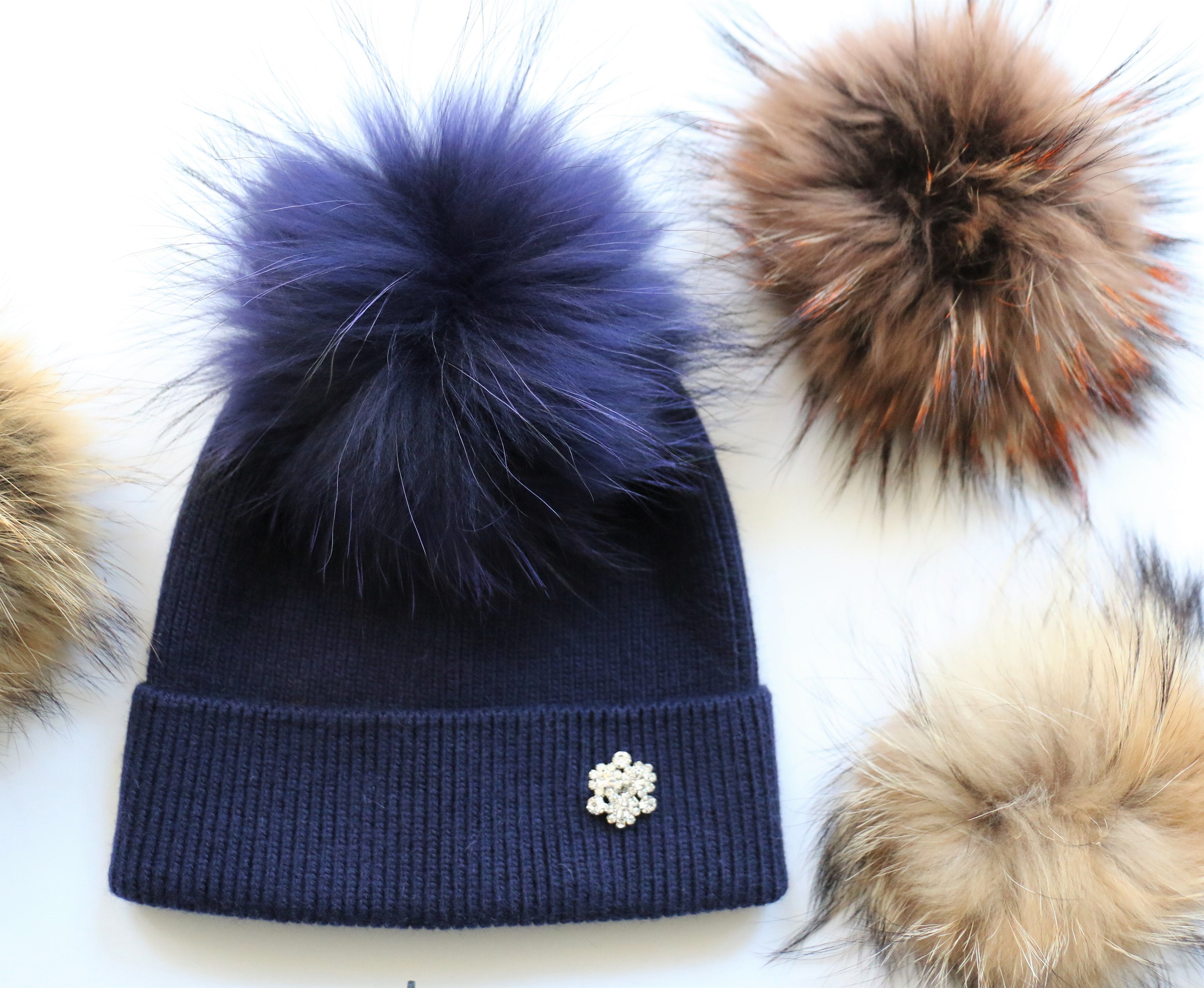 50% Cashmere 50% Merino Wool Hat with Raccoon Pom Sequin Hat, Embellished Beanie With Detachable Raccoon Fur  main image 2