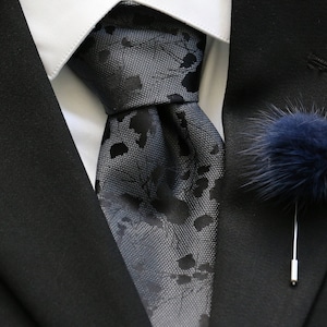 Lapel Pin, Boutonniere, Prom, Groomsmen, Fur Lapel Pin, Navy Blue Mink Fur Pom Pom, Men&#39;s Lapel Pin, Groom, Black Tie, NEW Design!