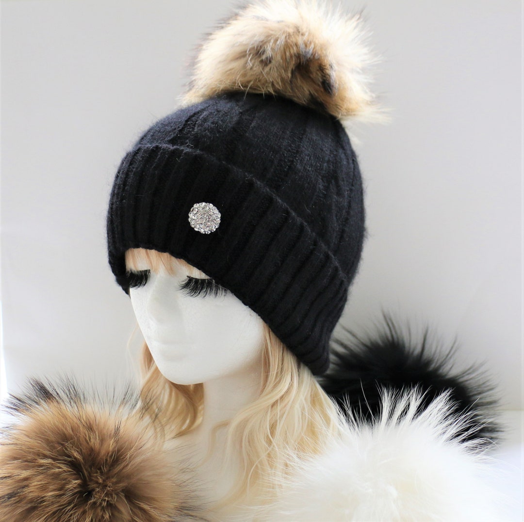 Fur Pom Pom Hat, Women's Cashmere Beanie With Detachable Genuine Fur