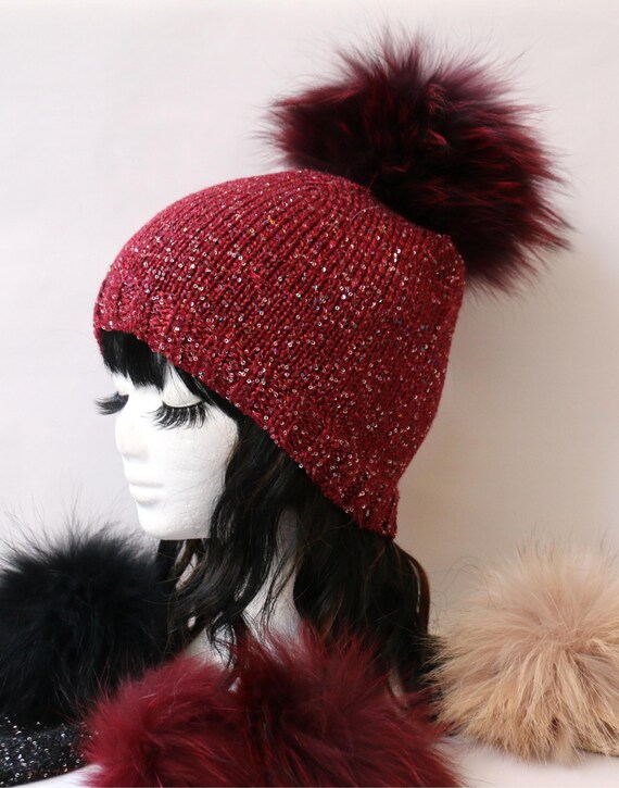 REAL FUR Burgundy Knitted Hat with Fluffy Pom-Poms Black Burgundy Fur Pom Ribbed Foldover Knit Hat - Knit Hat  main image 4