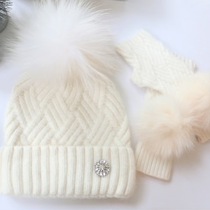 Ivory Cable Knit Beanie, Cashmere Chunky Knit Hat and Matching Fingerless Gloves, New! Just Listed! LIMITED QUANTITIES!