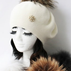 Cashmere Beret Hat, Cashmere Knit Wool Blend Beret, Genuine Fur Pom Pom, NEW, Just Listed WINTER 2023 image 7