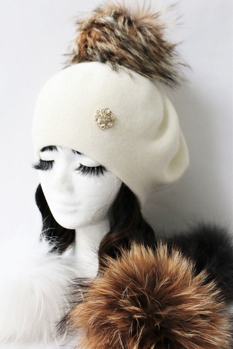 Cashmere Beret Hat, Cashmere Knit Wool Blend Beret, Genuine Fur Pom Pom, NEW, Just Listed WINTER 2023 image 7