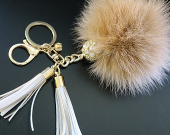 Fur Pom Pom Key Chain, Rabbit Fur Pom Pom, Faux Fur Pom Pom Key Chain, Bag Charm, Purse Charm, Key Fob, Purse Accessory