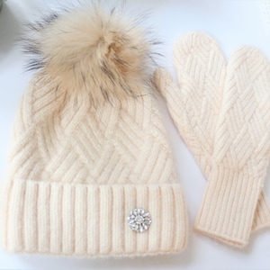 Cream Cable Knit Beanie, Cashmere Chunky Knit Hat and Matching Gloves, New! Just Listed! LIMITED QUANTITIES!