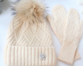 Cream Cable Knit Beanie, Cashmere Chunky Knit Hat and Matching Gloves, New! Just Listed! LIMITED QUANTITIES!