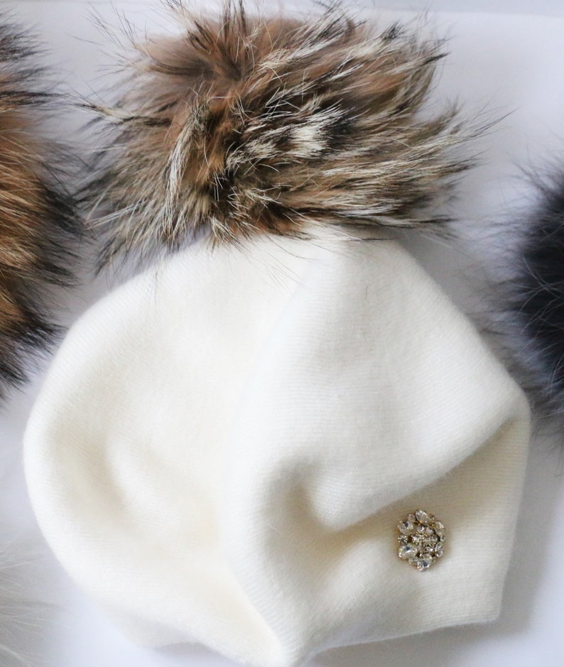 Cashmere Beret Hat, Cashmere Knit Wool Blend Beret, Genuine Fur Pom Pom, NEW, Just Listed WINTER 2023 image 5
