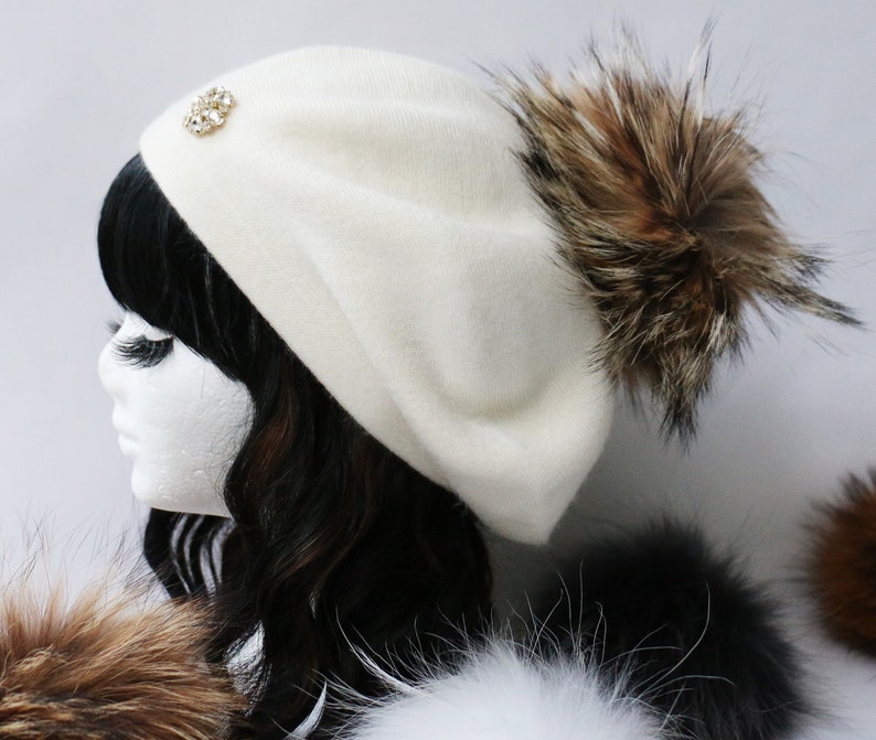 Cashmere Beret Hat, Cashmere Knit Wool Blend Beret, Genuine Fur Pom Pom, NEW, Just Listed WINTER 2023 image 4
