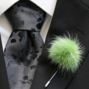 Lapel Pin, Boutonniere, Fur Lapel Pin, Green Mink Fur Pom Pom, Men&#39;s Lapel Pin, Boutonniere Pin, Groom, Groomsmen, Black Tie, NEW Design!