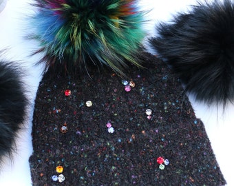 Embellished Fur Pom Pom Hat, Swarovski Crystal Embellished Cashmere Knit Hat, Genuine Fur Pom Pom Multicolored, JUST LISTED! NEW 2024!