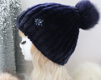 Fur Beanie Hat, Genuine Fur Hat, Rabbit Fur Hat, Navy Blue Rabbit Fur Hat, NEW FALL/WINTER 2024!