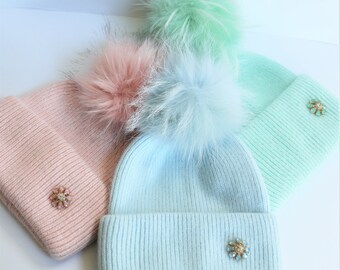 Fur Pom Pom Hat, Pastel Cashmere Wool Knit Blend Beanie Hat with Detachable Genuine Raccoon Fur Pom Pom, NEW 2022! Limited Quantity