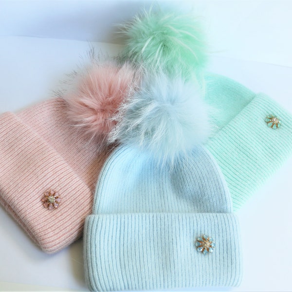 Fur Pom Pom Hat, Pastel Cashmere Wool Knit Blend Beanie Hat with Detachable Genuine Raccoon Fur Pom Pom, NEW 2022! Limited Quantity