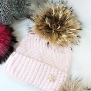 Pink Cable Knit Beanie, Cashmere Wool Hat, Detachable Genuine Raccoon Fur Pom, Baby Pink Beanie and Natural Fur, Just Listed! READY TO SHIP!