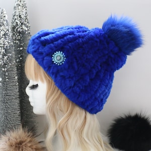 SALE Royal Blue Knitted Mink Fur Hat with Pom Blue Knitted Mink Fur Beanie Hat with Fox Fur Pom - A.J.  main image 2