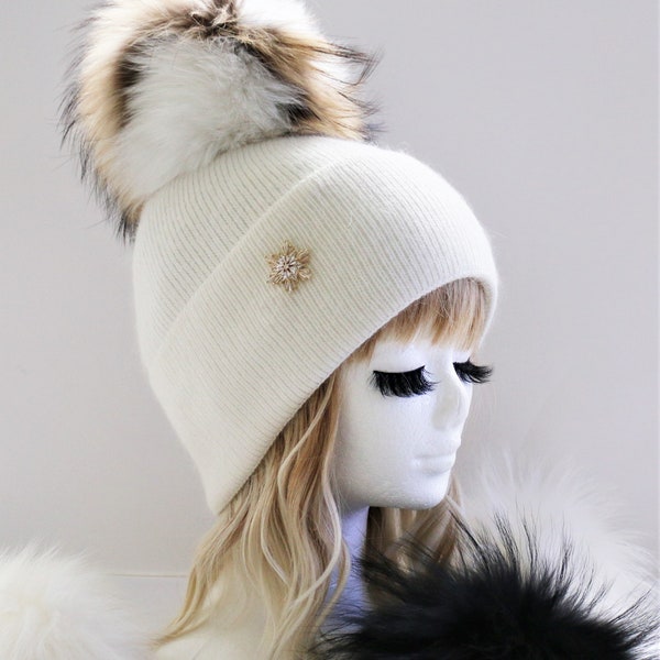 Fur Pom Pom Hat, Women's Cashmere Beanie with Detachable Genuine Fur Pom-Pom, White Beanie with Natural Fur Pom, NEW FALL/WINTER 2023!