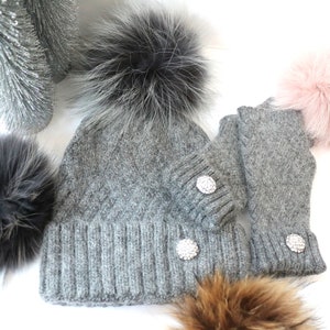 Gray Cable Knit Beanie, Cashmere Chunky Knit Hat and Matching Fingerless Gloves, New 2024! Just Listed! LIMITED QUANTITIES!