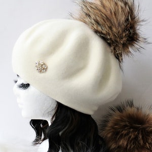 Cashmere Beret Hat, Cashmere Knit Wool Blend Beret, Genuine Fur Pom Pom, NEW, Just Listed WINTER 2023 image 1