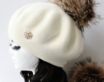 Chapeau de béret cachemire, béret de mélange de laine en tricot cachemire, pompon en fourrure véritable, NOUVEAU, vient d’être listé! HIVER 2023