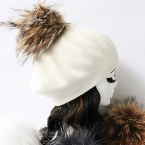 Cashmere Beret Hat, Cashmere Knit Wool Blend Beret, Genuine Fur Pom Pom, NEW, Just Listed WINTER 2023 image 3