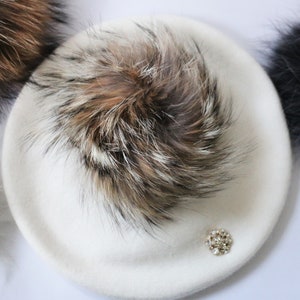 Cashmere Beret Hat, Cashmere Knit Wool Blend Beret, Genuine Fur Pom Pom, NEW, Just Listed WINTER 2023 image 6