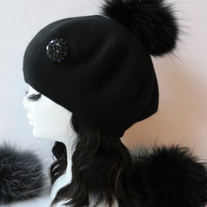 Cashmere Beret Hat, Cashmere Knit Wool Blend Beret, Genuine Fur Pom Pom, NEW, Just Listed WINTER 2023 image 10