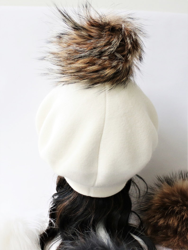 Cashmere Beret Hat, Cashmere Knit Wool Blend Beret, Genuine Fur Pom Pom, NEW, Just Listed WINTER 2023 image 2