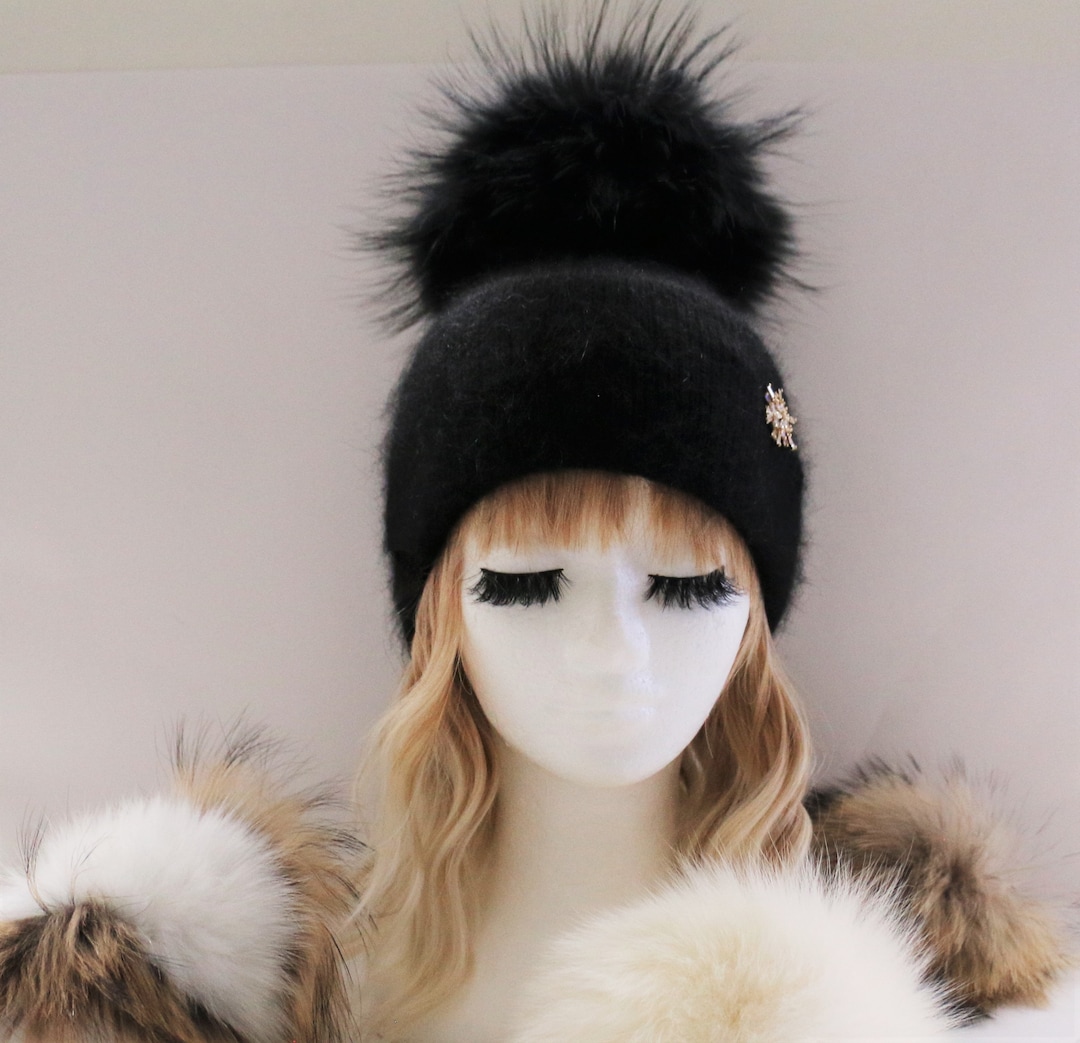 Fur Pom Pom Hat, Women's Cashmere Beanie With Detachable Genuine Fur