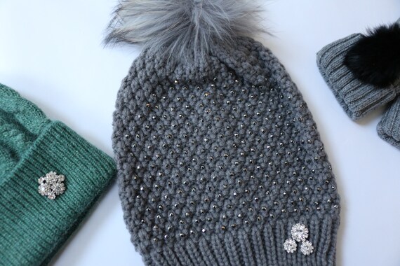 Fur Pom Pom Hat, Gray Embellished Beanie, Cable Knit Beanie  display picture 1