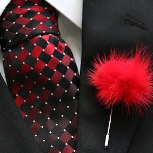 Lapel Pin, Boutonniere, Red Mink Fur Pom Pom, Men&#39;s Lapel Pin, Boutonniere Pin, Groom, Groomsmen, Black Tie, NEW Design!