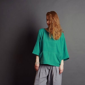 Emerald green elegant tunic | Relaxed minimalist shirt with kangaroo pocket | Ethical fashion by Haptic Зath