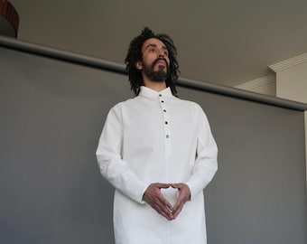 White Men Galabia Hemp Shirt Dress, Organic Cotton Arabic Style Sustainable Clothing for Men, Linen Button Up Long Sleeve Shirt