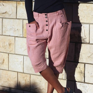 Drop crotch pants | dusty pink bermuda shorts with deep pockets | comfortable eco-friendly clothing