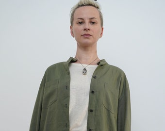 Khaki Hemp Button Down Women Shirt, Made to Order Ethical Long Sleeve Customized Casual Clothes for Women, Organic Hemp Cotton White Top