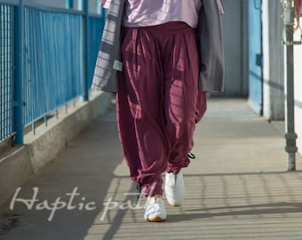 Pantalón globo ancho / pantalón holgado lino cereza / pantalón baggy cómodo con cinturón elástico