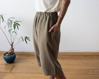 Hemp pants | Knee-length wide shorts | Unisex black trousers | Designer's mens wear | eco-friendly hemp clothing by Haptic Path