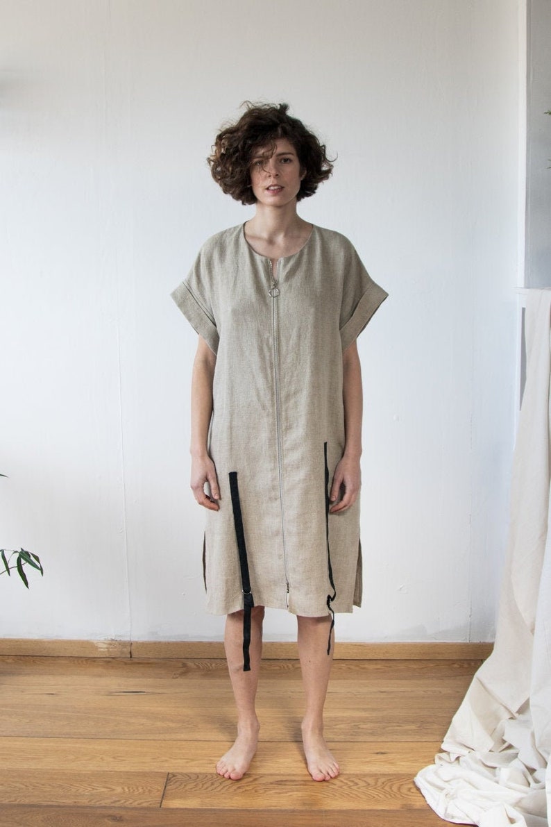 Linen dress Long summer tunic Unisex shirt dress Ethical clothing by Haptic Path image 4