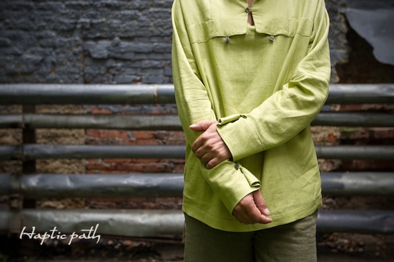 Three Buttons Shirt | Custom Eco-friendly shirt | Unique mens hemp clothing | Long-sleeve casual lime colour | Eco gift for him