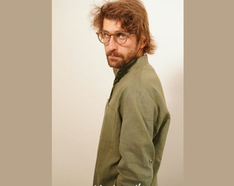 Khaki Hemp Button Down Men Shirt, Made to Order Ethical Long Sleeve Customized Casual Clothes for Men, Organic Hemp Cotton Top