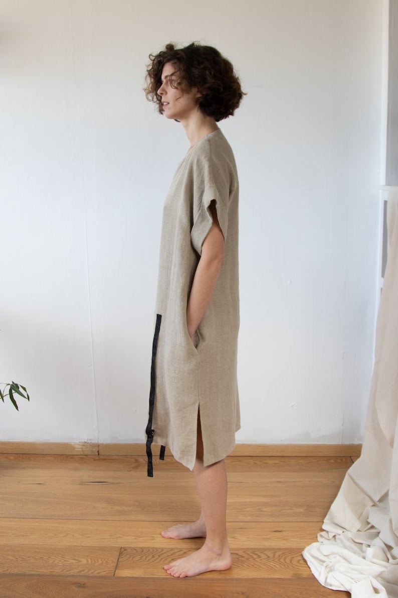 Linen dress Long summer tunic Unisex shirt dress Ethical clothing by Haptic Path image 2