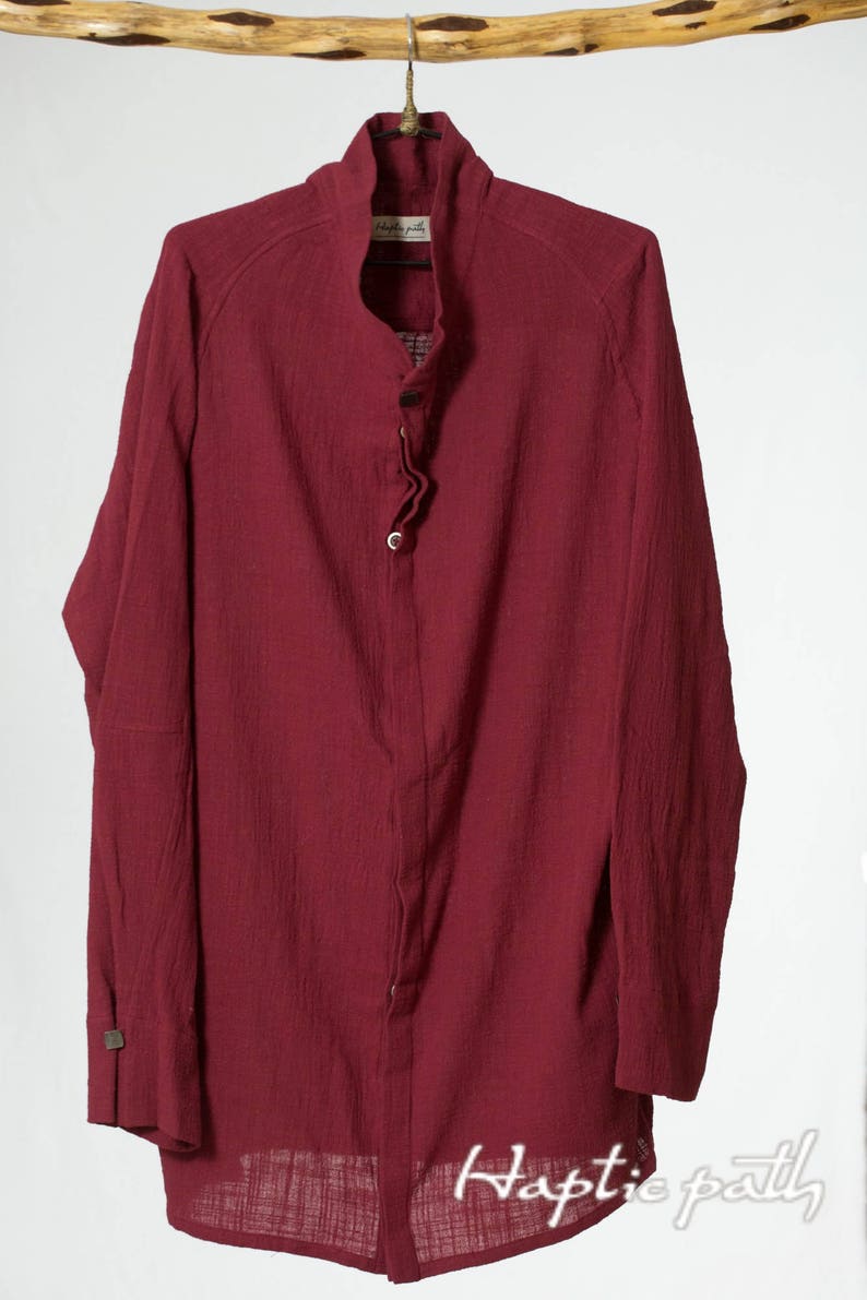 elegant casual long sleeve/'s shirt designer/'s ethical men/'s shirt Hemp burgundy colour button-down shirt relaxed minimalist shirt