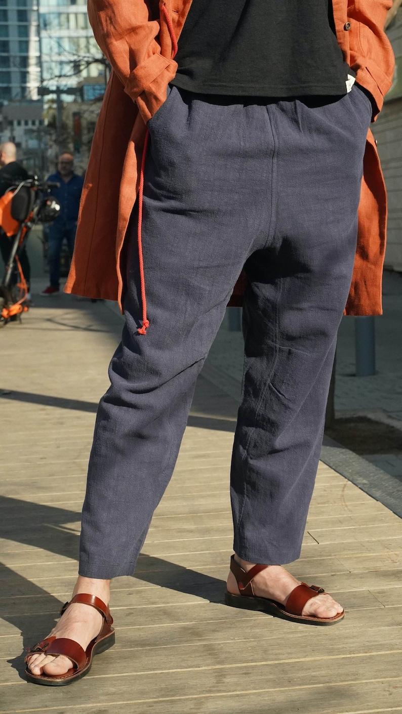 Wide Leg Unisex Hemp Pants, Navy Elastic Waist Cotton Trousers, Unisex Harem Pants, Casual Comfy Pants with Pockets, Sustainable Living image 2