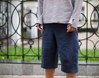 Bermuda blue pants | wide shorts | comfortable trousers | designer's menswear |  ethical mens hemp bottom | eco gift for him