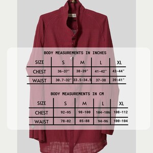May include: A red, long-sleeved shirt with a button-up front and a mandarin collar. The size chart shows measurements in inches and centimeters for chest and waist.