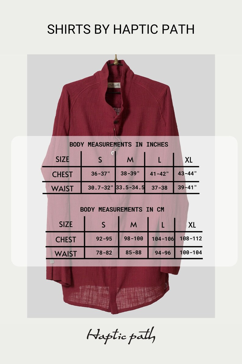 May include: A red, long-sleeved shirt with a button-up front and a mandarin collar. The size chart shows measurements in inches and centimeters for chest and waist.