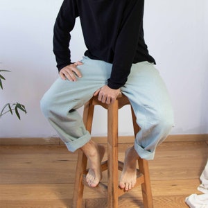 Wide Leg Unisex Hemp Pants, Navy Elastic Waist Cotton Trousers, Unisex Harem Pants, Casual Comfy Pants with Pockets, Sustainable Living image 5