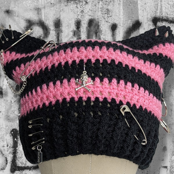 Crochet Cat Ear Beanie, Cat Hat,  Punk Rock Cat Beanie, Cat Ear Beanie, Crochet Winter Hat, Pussycat Hat, Cosplay Pussycat,