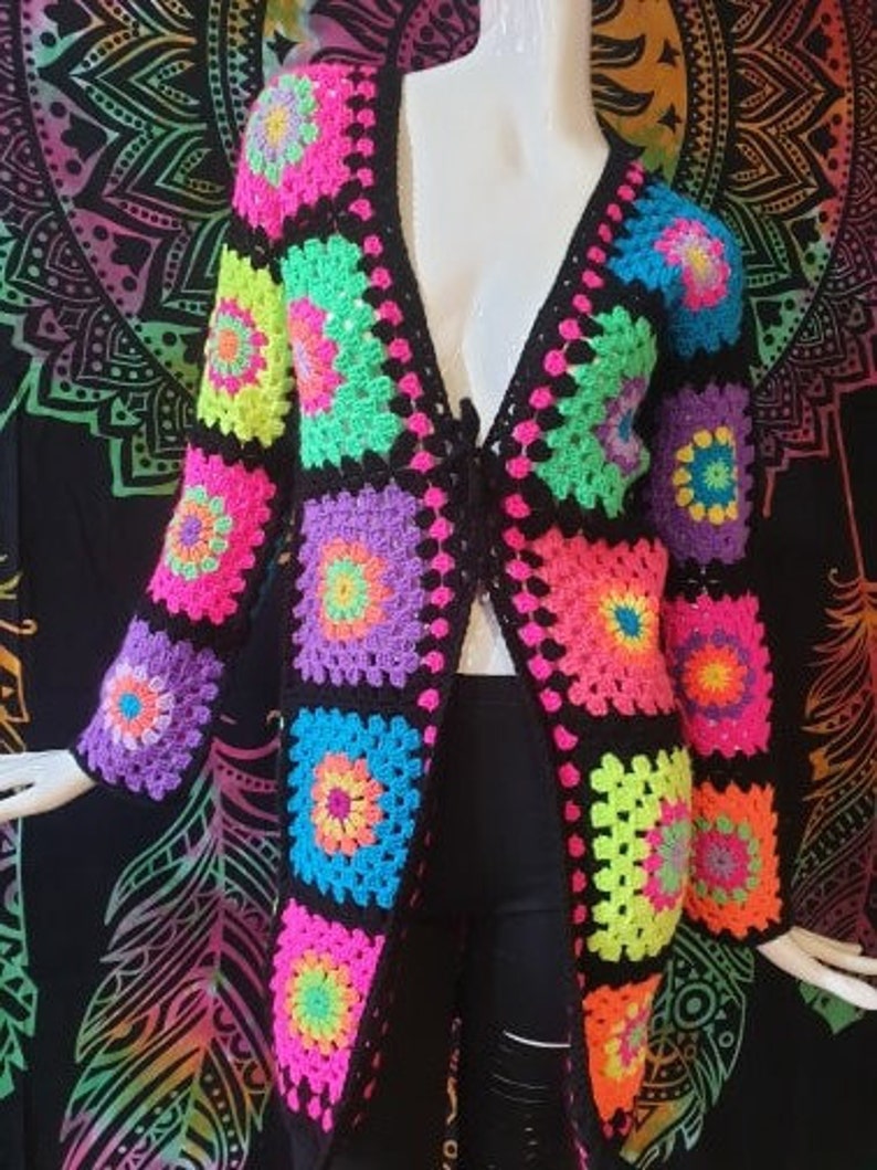 Granny Square Cardigan, Boho Cardigan, Long Sleeved Cardigan, Crochet Afghan Sweater, Colourful Hippie Jacket, Rainbow Jacket Granny Square Cardigan, Boho Cardigan, Long Sleeved Cardigan, Crochet Afghan Sweater, Colourful Hippie Jacket, Rainbow Jacket